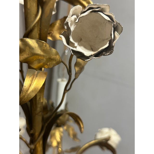 Vintage Italian Gilded Tole and Cream Enamel Floral 6-Light Chandelier For Sale - Image 11 of 17