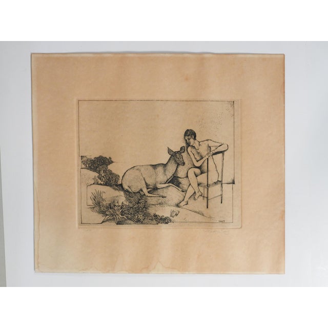 Early 20th Century Claude Saucy Surreal Nude With Deer Bunny Signed Etching For Sale - Image 4 of 5