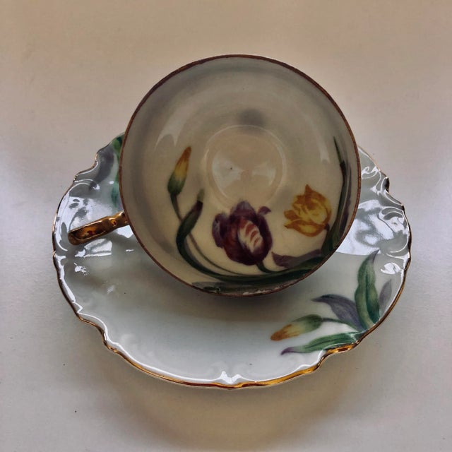 Vintage fine porcelain floral (tulip )design Pettit footed cup and saucer , Makers mark eligible, made in Japan, excellent...