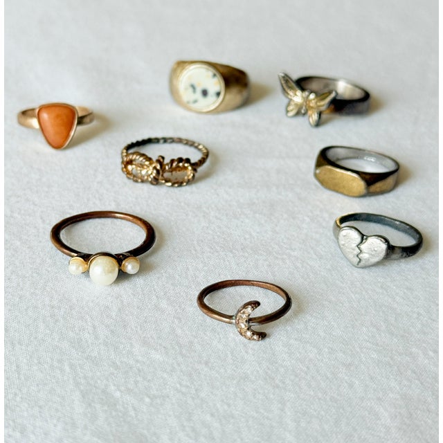 Mid-Century Modern Vintage Style Mini Charm Ring Collection, Mixed-Metal Costume Jewelry For Sale - Image 3 of 17