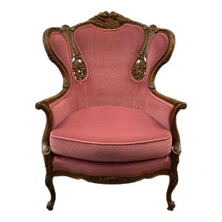 1980s Victorian Style Rose Pink Wingback Chair For Sale