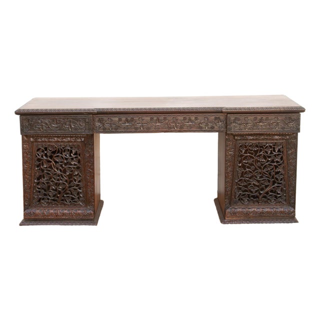 Finely Carved Anglo-Indian Rosewood Pedestal Desk For Sale