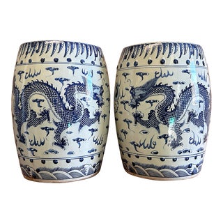 Contemporary Blue & White Chinoiserie Porcelain Dancing Dragon Garden Stools - a Pair For Sale