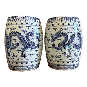 Contemporary Blue & White Chinoiserie Porcelain Dancing Dragon Garden Stools - a Pair
