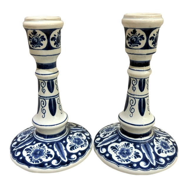 Vintage MCM Delft Blue Hand Painted Candlestick Holders-Set of 2 For Sale