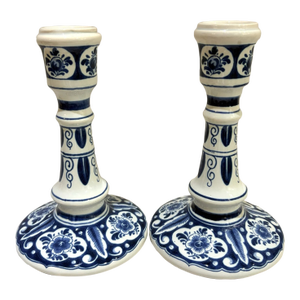 Vintage MCM Delft Blue Hand Painted Candlestick Holders-Set of 2
