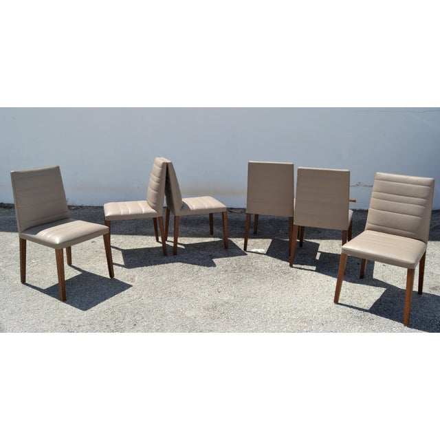2010s Set of 6 Italian Poltrona Frau Vittoria Gray Leather Wood Dining Chairs For Sale - Image 5 of 18