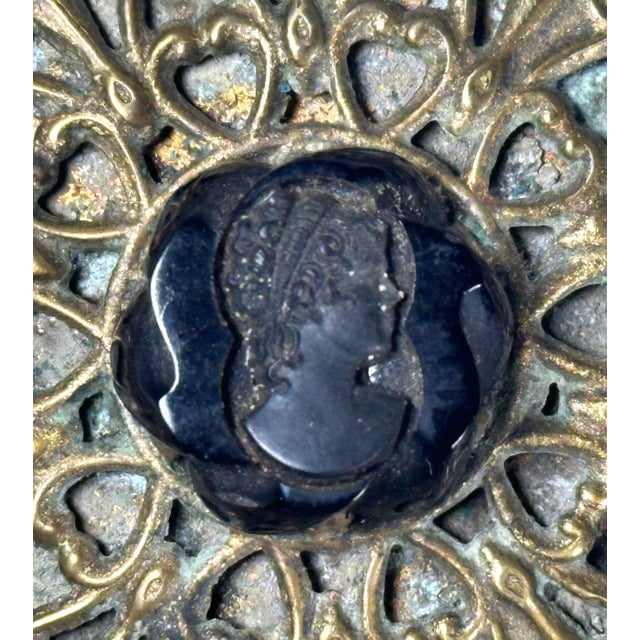 Antique Ruby Glass Bonbonniere: Filigree Brass Lid, Cameo Decor For Sale - Image 4 of 10
