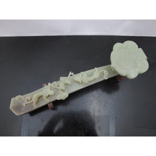 Chinese Carved Jade Ruyi Scepter With 2 Dragons on Custom Stand For Sale - Image 4 of 14