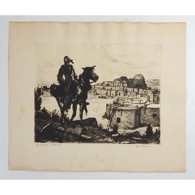 Vintage Early 20th Century Horseman at Adobe Village Etching For Sale - Image 4 of 4