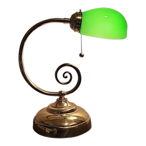 Vintage Bankers Brass Lamp Green Glass With Pull Chain
