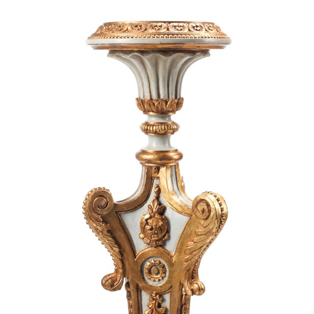 Pair of vintage wooden pedestals or plant stands in the French Regence (Louis XIV/XV) style, finely carved with polychrome...