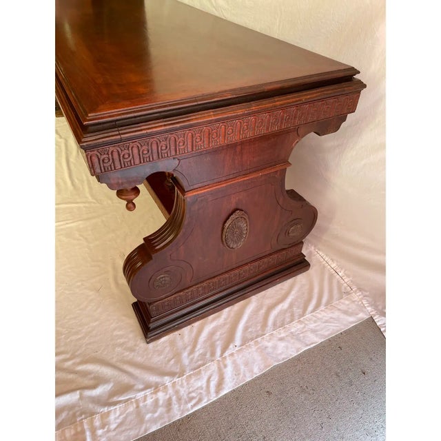 Kiel Furniture Long Mahogany Library Table With Medallion and Pillar