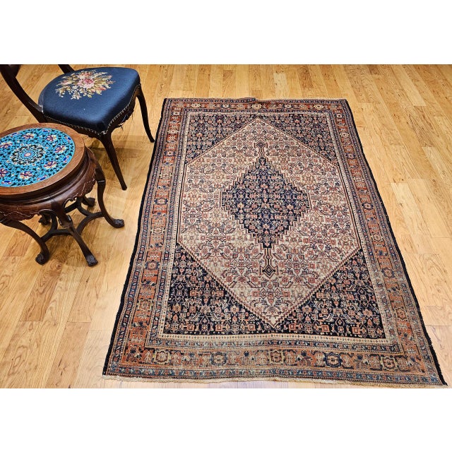 Persian Antique Persian Senneh Area Rug, Hand-Knotted Wool, Herati Medallion Pattern, Ivory & Navy, 4x6 For Sale - Image 3 of 17