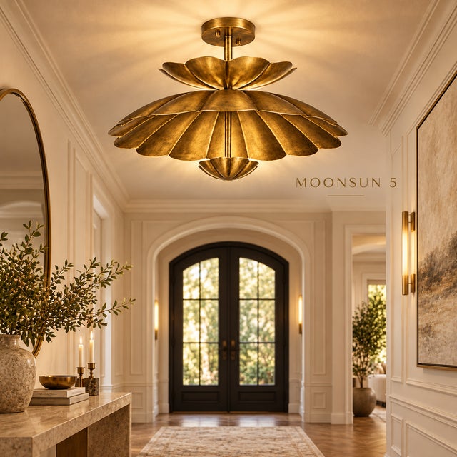 Handmade Brass Lotus Ceiling Light, Antique Brass Scalloped Semi Flush Mount, Floral Ceiling Fixture for Bedroom, Hallway & Living Room For Sale - Image 9 of 13