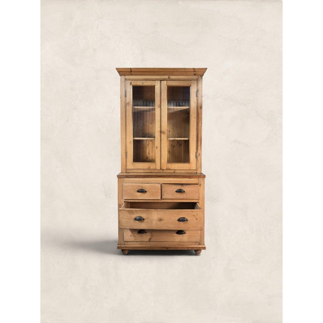 Brown Antique English Pine Two-Piece Hutch With Glass Doors and Drawers For Sale - Image 8 of 9