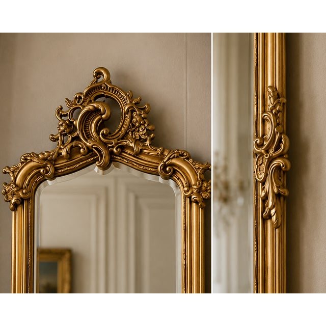 1970s French Rococo Gold Wood Floor Mirror For Sale - Image 12 of 13