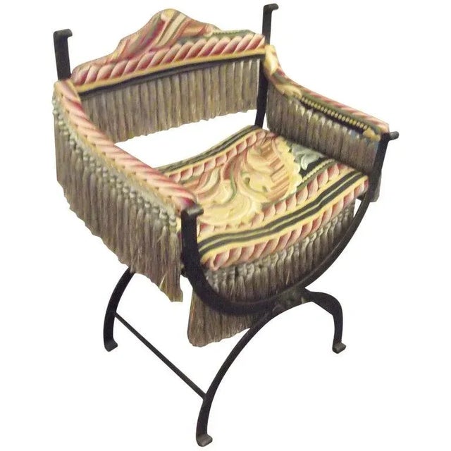 Green Antique Patinated Iron Savonarola Armchair With Fringe For Sale - Image 8 of 8