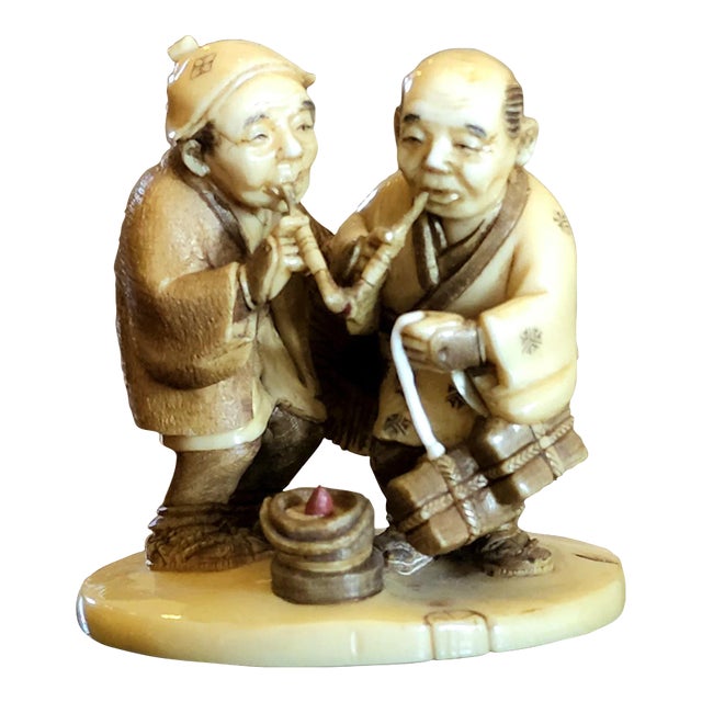 Exquisite Hand Carved Netsuke Figurine of Two Men Travelers For Sale