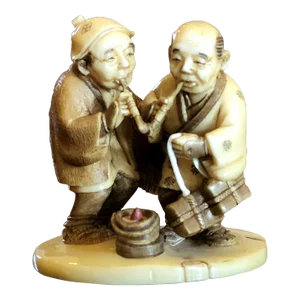 Exquisite Hand Carved Netsuke Figurine of Two Men Travelers
