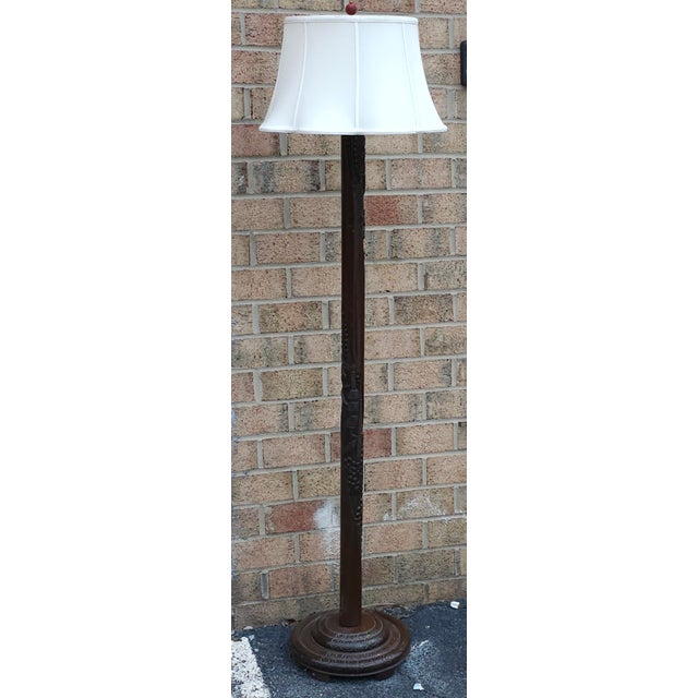 Early 20th Century Art-Deco Oriental Style Hand-Carved Wood Floor Lamp For Sale - Image 4 of 10