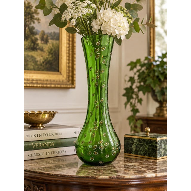 Striking vintage Bohemian art glass vase crafted in translucent green glass and decorated throughout with delicate hand-...