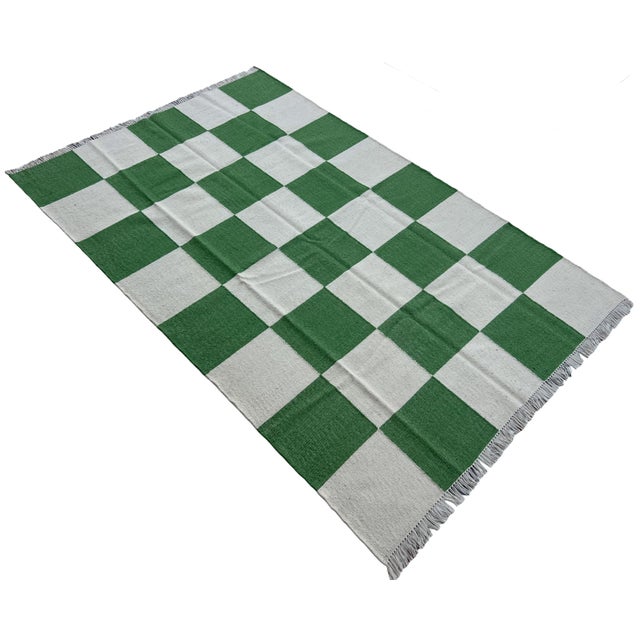 Mid-Century Modern Handmade Woolen Flat Weave Rug, Moss Green and White Checker Board Dhurrie - 5'x8' For Sale - Image 3 of 12