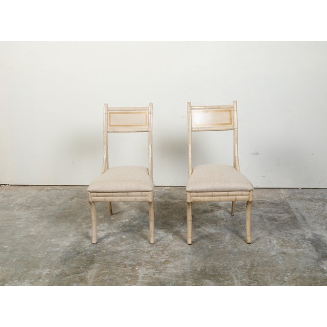 Pair of Midcentury Faux Bamboo Side Chairs with Saber Legs and New Upholstery For Sale - Image 4 of 11