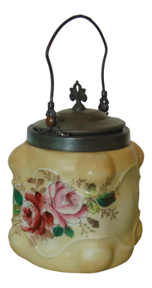 Victorian Silverplate & Enameled Milk Glass Biscuit Jar