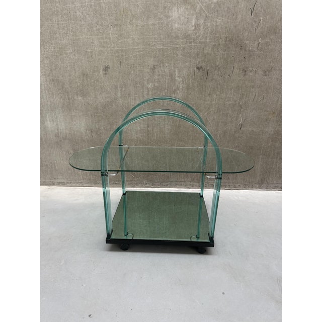 Postmodern Italian Curved Green Glass Bar Cart by Fiam, 1980s For Sale - Image 6 of 11