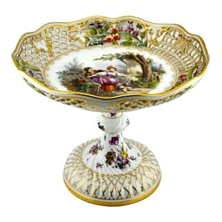 Early 1900s Dresden-Style Reticulated Porcelain Compote – Courting Couple Scene Rococo Style For Sale