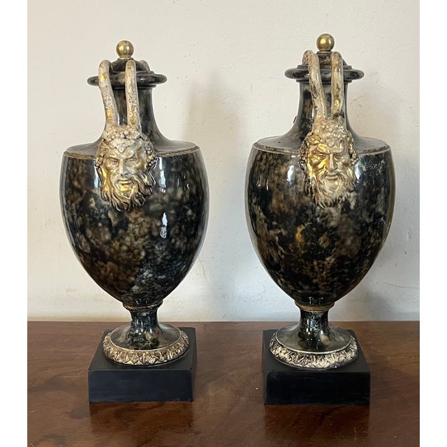 Antique 18th Century George III Wedgwood & Bentley Creamware Urns or Mantel Vases With Faux Stone Glaze & Satyr Mask Handles Circa 1780 - A Pair For Sale - Image 14 of 18