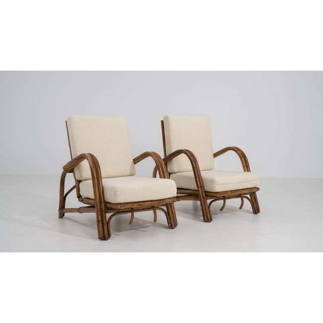 Boho Chic Pair of Faux Bamboo Reclining Armchairs With Bouclé Upholstery Cream Mid 20th Century For Sale - Image 3 of 16