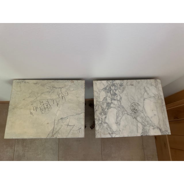 Pair of Vintage Victorian-Style Lyre Harp Base Marble Top Nightstands / Side Tables – Italian Marble, Carved Rose Drawers For Sale - Image 4 of 9