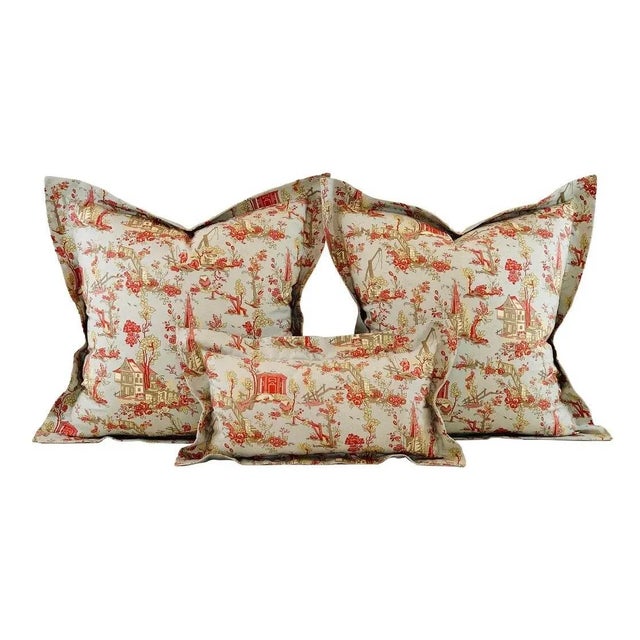 Textile French General Aqua Blue Pink Rose Le Jardin Toile Pillow Covers- Set of 3 For Sale - Image 7 of 7