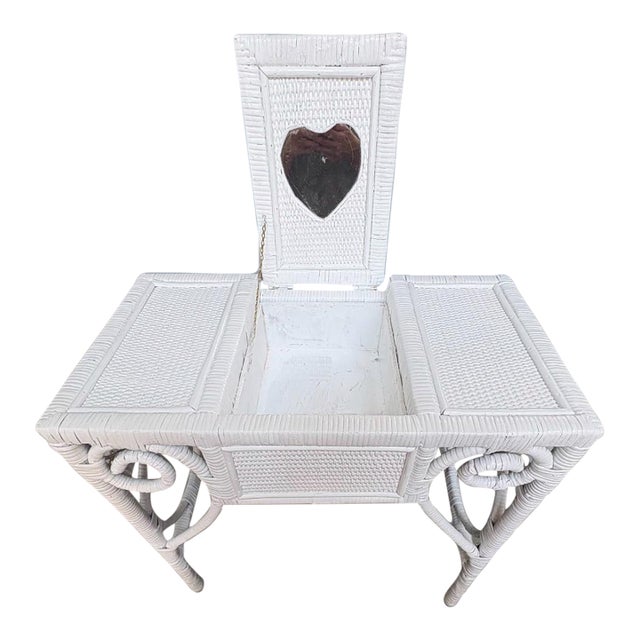 Vintage Child’s Palm Beach Style White Wicker Lift-Top Vanity Desk With Heart Mirror For Sale
