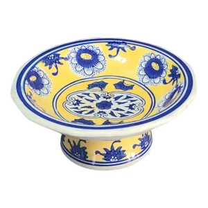 Vintage Chinoiserie Hand Painted Yellow & Blue Pedestal Bowl Trinket Holder Signed