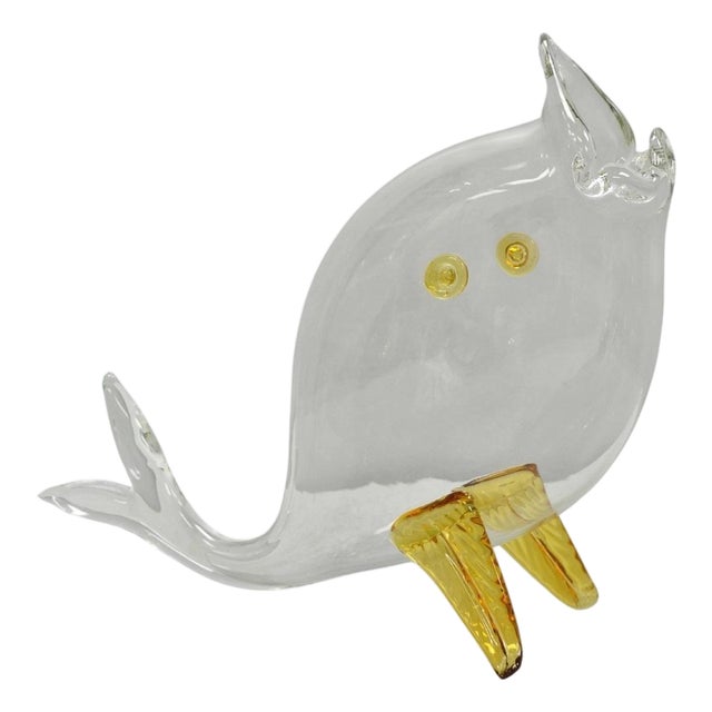 Vintage Mid Century Modern Blenko Style Amber Fin Blown Glass Fish Vase Bowl For Sale