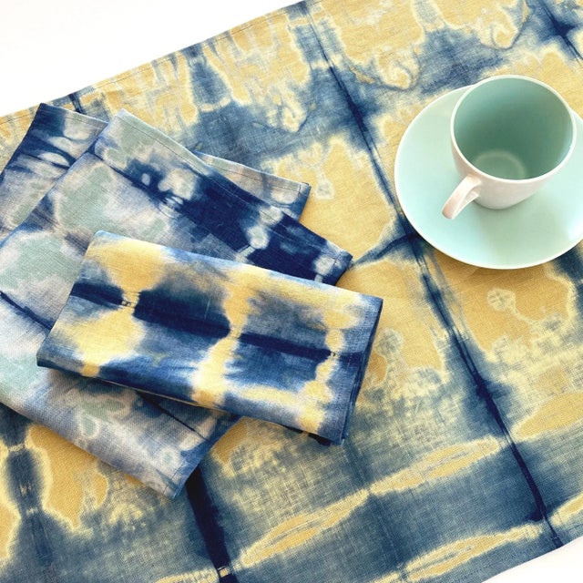 Textile Rousseau Gold & Indigo Blue Abstract Pattern Hand Dyed Linen Napkins- Set of 4 For Sale - Image 7 of 8