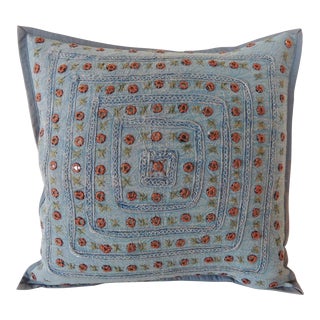 Petite Blue and Orange Mirror Sequins Embroidered Indian Pillow For Sale