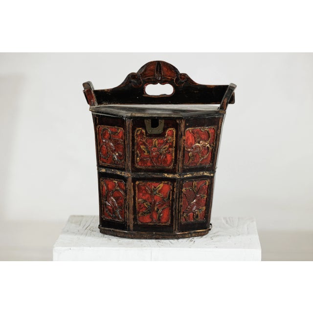 Wood Late Qing Chinese Red and Black Lacquered Wood Rice Measure Bucket with Carved Panels For Sale - Image 7 of 12