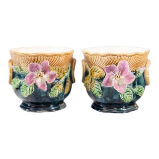 19th Century Petite French Majolica Barbotine Floral Cachepots Jardinieres For Sale