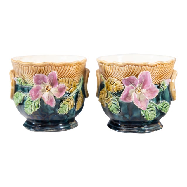 19th Century Petite French Majolica Barbotine Floral Cachepots Jardinieres For Sale