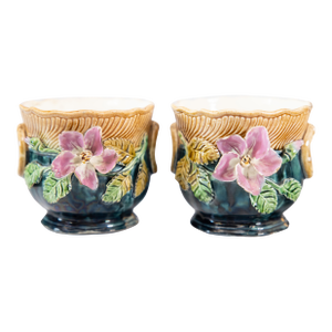 19th Century Petite French Majolica Barbotine Floral Cachepots Jardinieres - A Pair