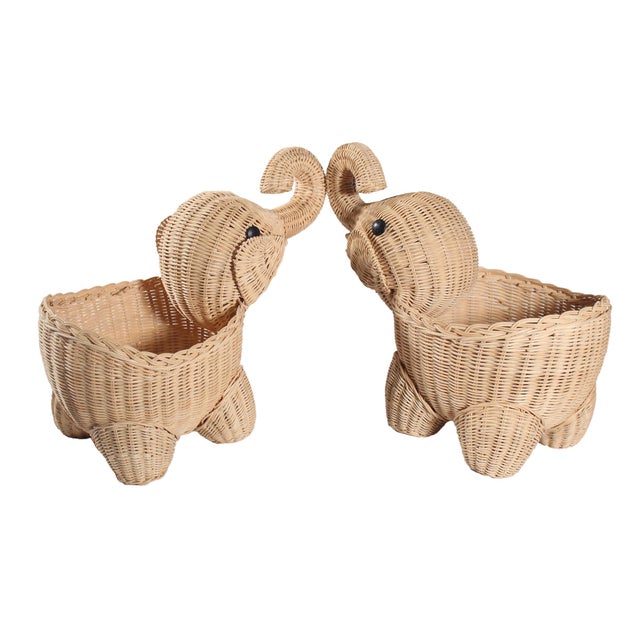 Mid-Century Modern 1980's Wicker Hand Woven Elephant Planters Pot Holder Baskets in the Manner of Mario Lopez Torres - a Pair For Sale - Image 3 of 6