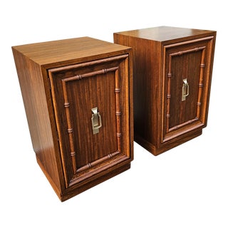 Pair of Slim Mid-Century Faux Bamboo Bedside Cabinets For Sale