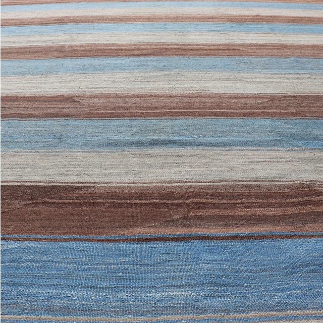 Kilim Rug With Horizontal Stripes in Blue, Brown, and Soft Gray 8'4 X 11'10 For Sale - Image 4 of 13