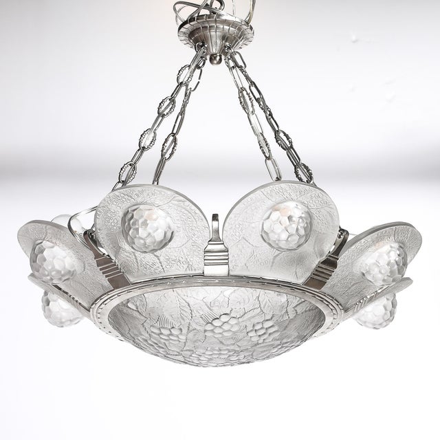 Silver 1930s Art Deco Frosted Glass Chandelier With Stylized Cubist Floral Motif For Sale - Image 8 of 18