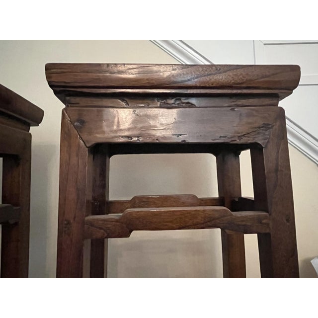 19th Century Qing Dynasty Elm Wood Side Tables Pedestal Stands—A Pair For Sale - Image 5 of 9