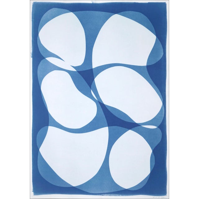 Blue 2022, Mid-Century Modern Shapes, Handmade Monotype of "Abstract Rounded Type" on Watercolor Paper by Kind of Cyan For Sale - Image 8 of 8